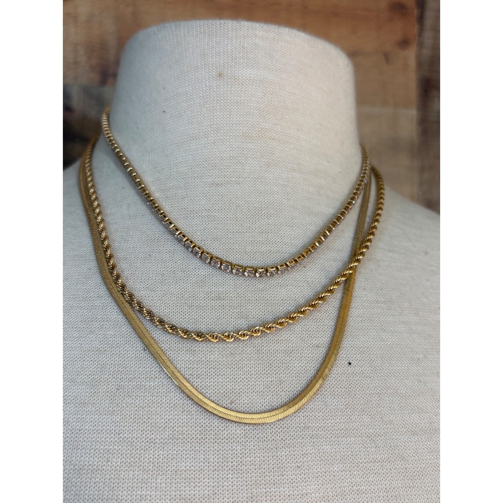 Gold Tone Layered Necklace Set Tennis Rope Herringbone Chains